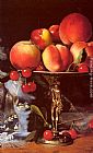 Plums Canvas Paintings - A Still Life with Peaches, Plums and Cherries